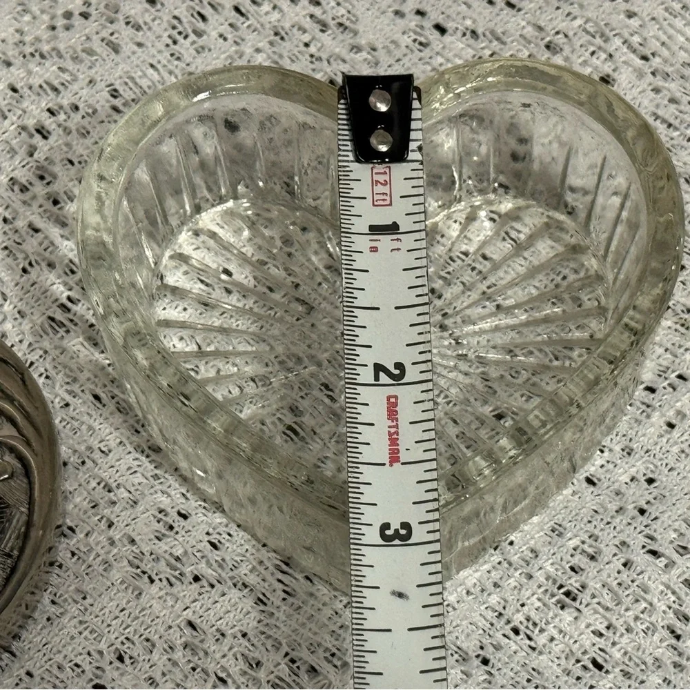 Heart Shaped Scrolled Silver Plated Glass Trinket Box with Mirror Under Lid